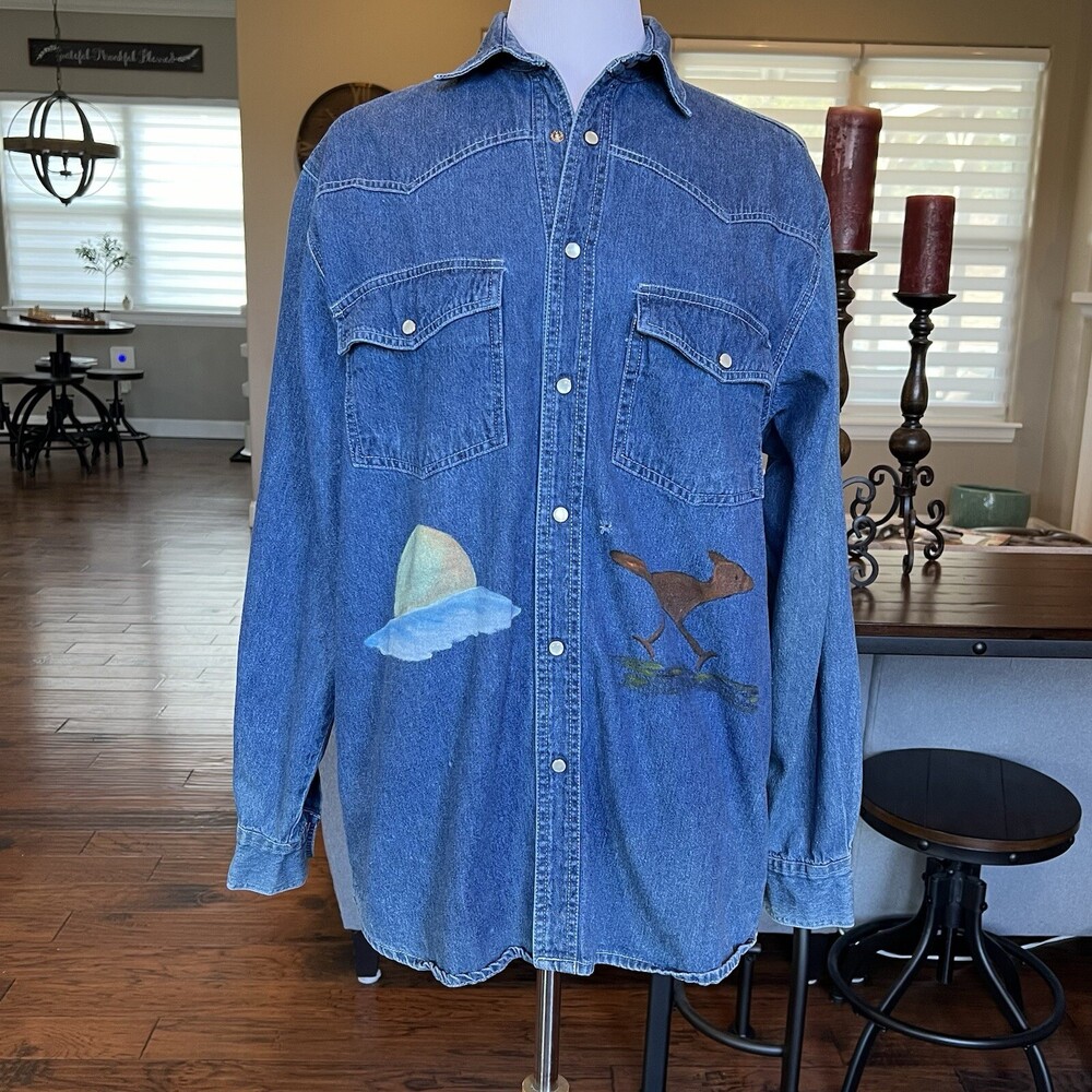 VTG Sunbelt Denim Pearl Snap Western Shirt M Hand Painted Roadrunner Shacket - Picture 2 of 16